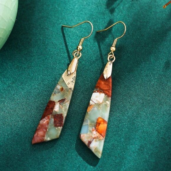 18K Yellow Gold with Natural Agalmatolite Stone French Wire Drop Hook Earrings - Picture 2 of 6